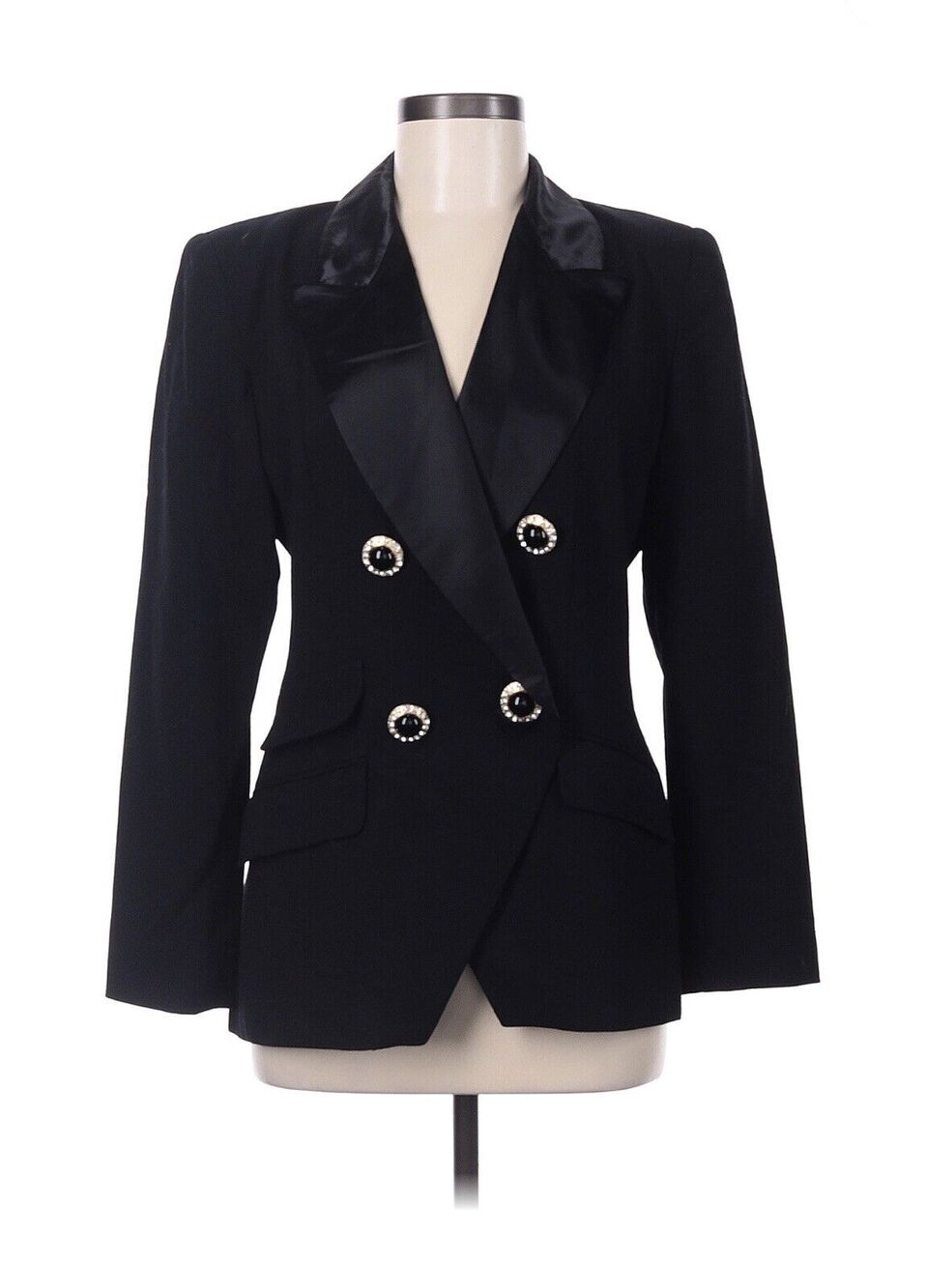VTG vergianni Black Satin Tuxedo Jacket Blazer Gold Rhinestone Buttons 6